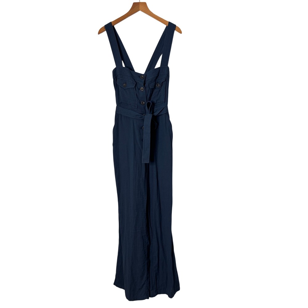 Outerknown Navy Blue Linen Button Front Wide Leg Belted Jumpsuit Womens Small
